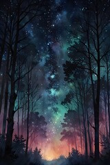 Fototapeta premium Magical forest illuminated by stardust lights in watercolor style