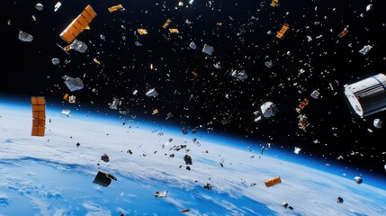 Fototapeta premium 3D view of Earth's orbit filled with space debris, depicting the dangers and complexities of overcrowded space environments.