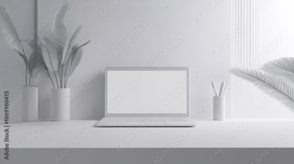 Poster image of a computer on a desk in a minimalist office to convey the concept of working and using tech
