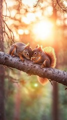 An image of a squirrel couple close together in a tall pine tree branch at sunset, set in a Finnish summer landscape. generative ai