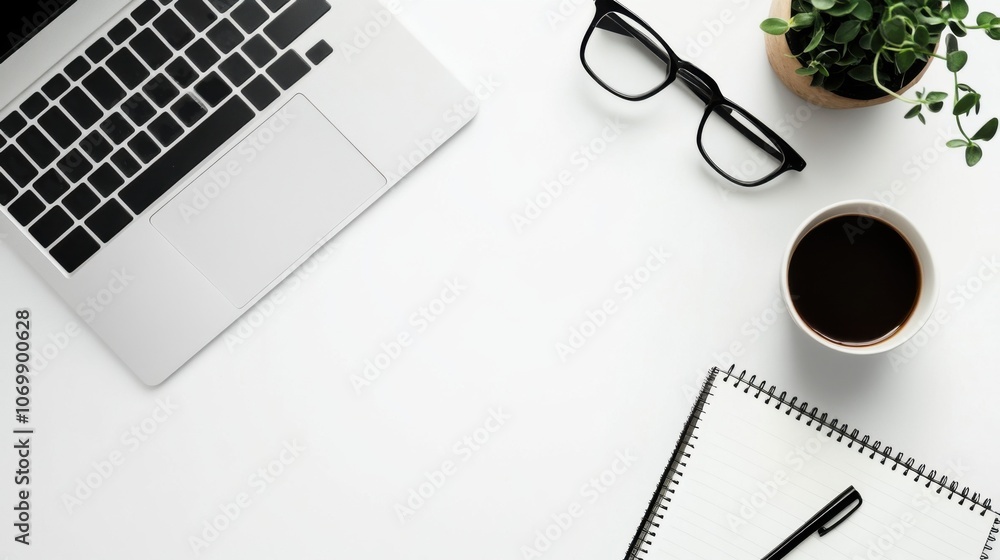 Poster image of a computer on a desk in a minimalist office to convey the concept of working and using tech
