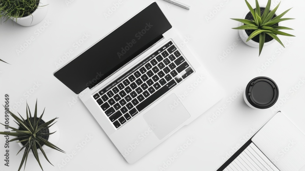 Poster image of a computer on a desk in a minimalist office to convey the concept of working and using tech