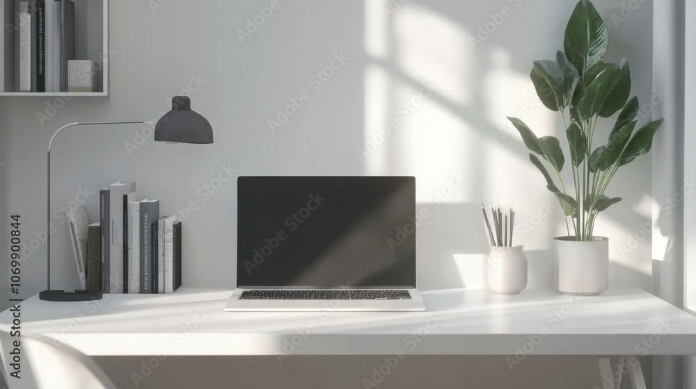 Poster image of a computer on a desk in a minimalist office to convey the concept of working and using tech