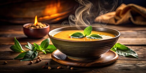 A Warm Bowl of Soup with a Leaf on Top Captured in Low Light, Evoking Comfort and Coziness, Perfect for Food Photography and Culinary Artistry