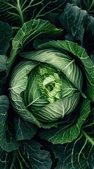 Obraz premium Close-Up of a Fresh Green Cabbage with Intricate Leaf Patterns