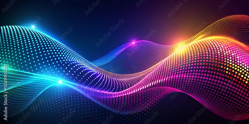 Poster abstract wavy lines with dots pattern for technology background, ideal for digital design, web devel