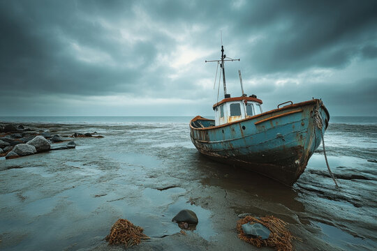 Rustic fishing boat stranded on a desolate, rocky shore under a dramatic, overcast sky. - Powered by Adobe