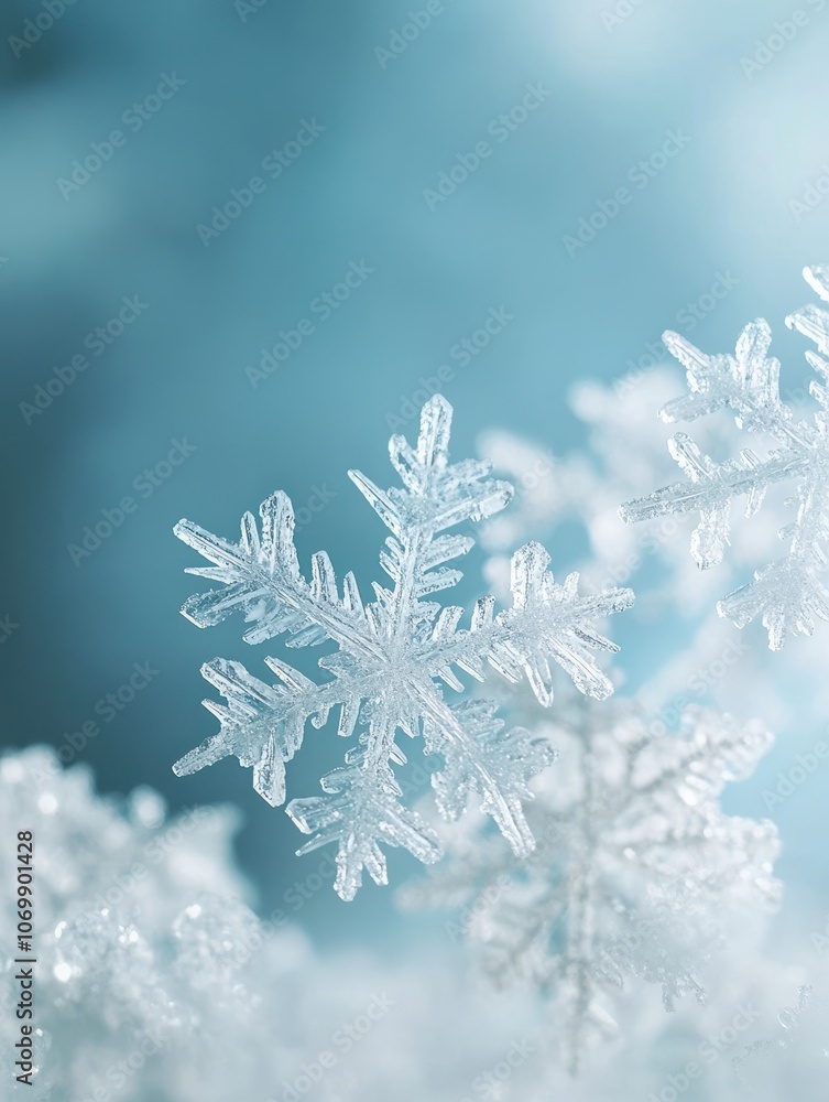 Poster a serene winter background featuring delicate snowflakes on a soft blue backdrop, creating a tranqui