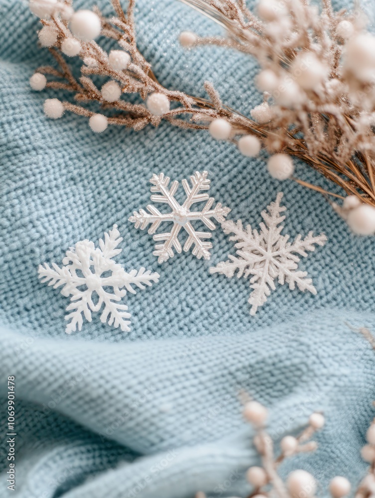 Poster a serene winter background featuring delicate snowflakes on a soft blue backdrop, creating a tranqui