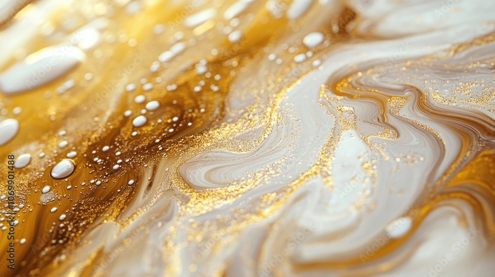 Poster close-up of golden smooth oil with abstract bubbles creates a captivating visual effect. the golden 