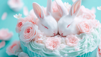 two lovely rabbits in a surreal nest, flowers nearby and pastel background, atmosphere of coziness, warmth and love.  high detail
