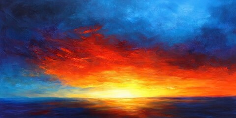 Naklejka premium A lively and colorful sunset creates a stunning display in the sky, featuring brilliant shades of orange combined with deep blue, showcasing natures beauty.