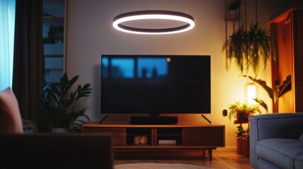 Cozy living space with large TV mounted on a wooden stand, circular ceiling light softly illuminating the room.
