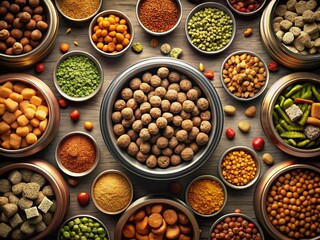 Aerial View of Assorted Pet Food - Modern Digital Illustration in 3D Render with Macro Photography Techniques for a Realistic and Sleek Presentation of Pet Nutrition Options
