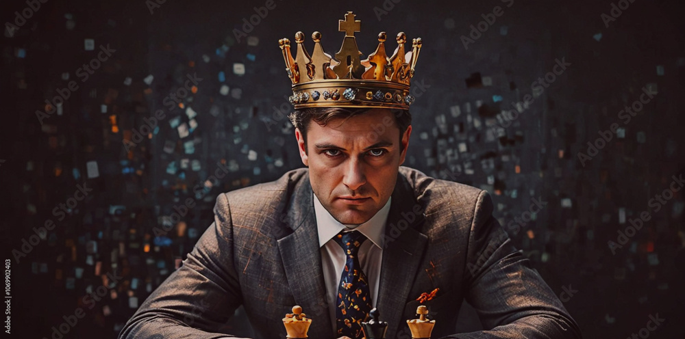 Poster man wearing a suit and tie sits at a chess board