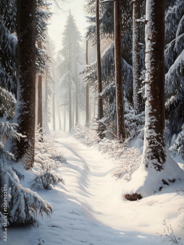 Poster a snowy forest with a path through it