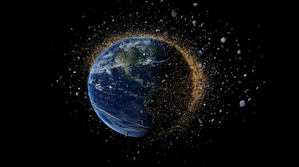 Obraz premium Detailed 3D rendering of orbiting space debris circling Earth, raising awareness of the environmental hazards in outer space.