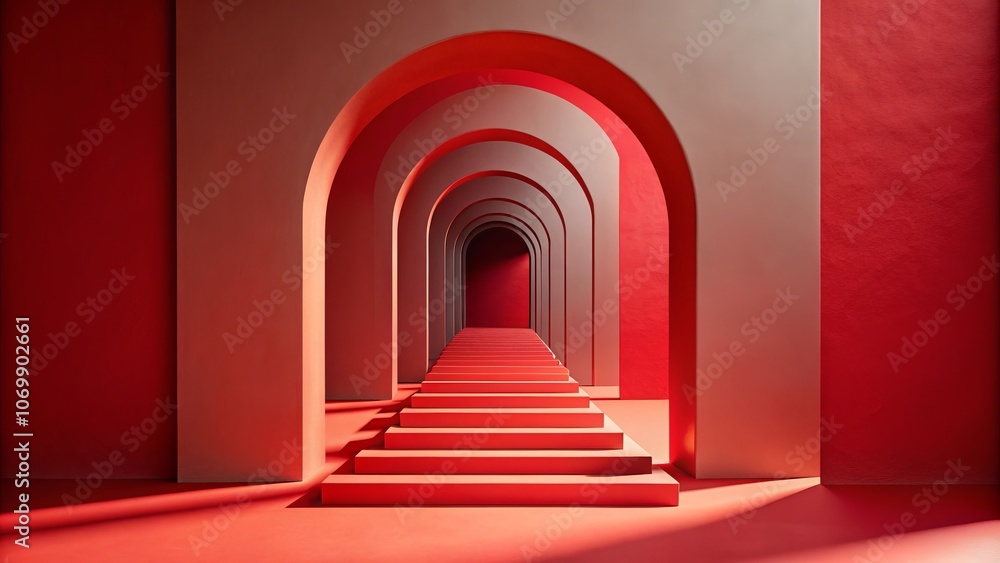 Poster an abstract red archway with steps: a minimalist design concept for architectural photography explor