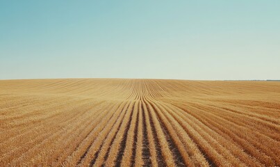 Fototapeta premium Golden wheat field with rows of crops extending towards the horizon under a clear blue sky.