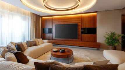 Elegant living room interior with large TV, wooden accents, and circular ceiling light, designed for a modern lifestyle.