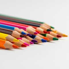 Vibrant colored pencils neatly arranged in a row, sharp tips, isolated on white background.