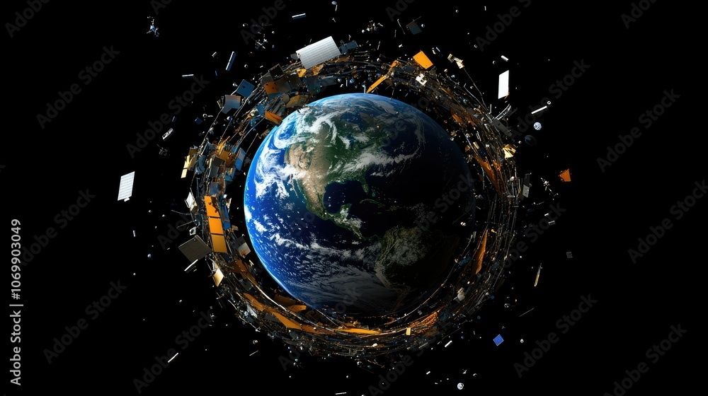 Poster illustrative 3d image of earth encircled by space junk, shedding light on the problem of abandoned s