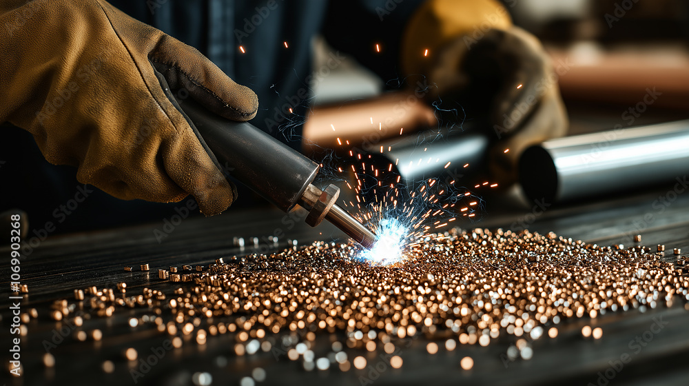 Leinwandbilder close up of welder using welding torch on steel, creating sparks and molten metal. scene captures in