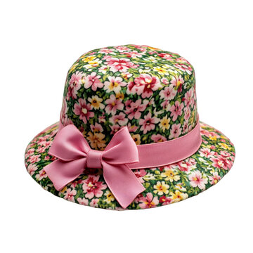 1940s style Easter bonnet with pink ribbon and small fabric flowers traditionally worn for Easter celebrations isolated on transparent background 