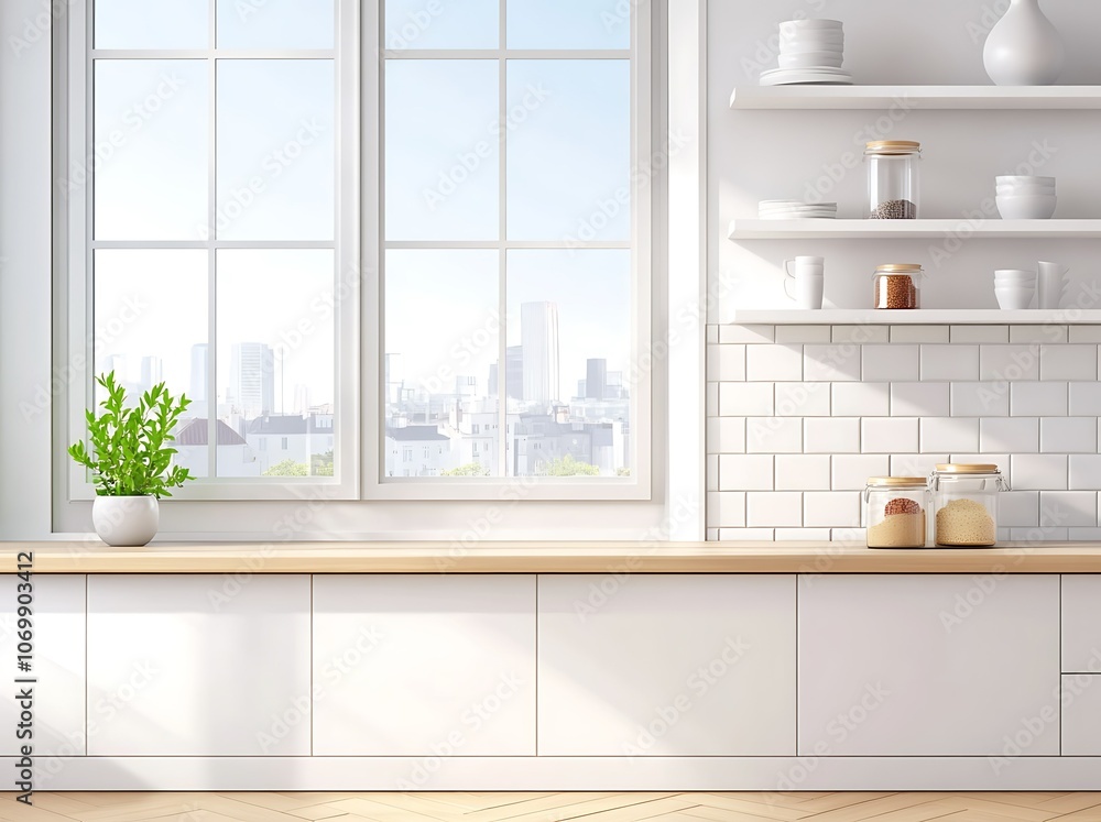 Wall mural White kitchen interior with a panoramic window.