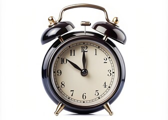 Black Retro Alarm Clock Isolated on White Background for Design Elements, PNG Clipart, Perfect for Digital Use, Easy to Integrate into Various Backgrounds and Projects