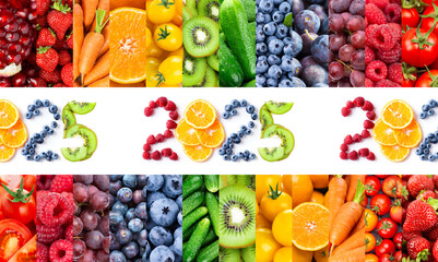 Collage of fruits, vegetables and berries. New year 2025 made of fruits. Fresh food. Healthy food