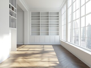 White kitchen interior with a panoramic window.