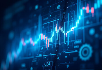 close up view of digital stock market chart displaying fluctuating prices and trends, showcasing vibrant blue and pink colors. image conveys sense of technology and finance