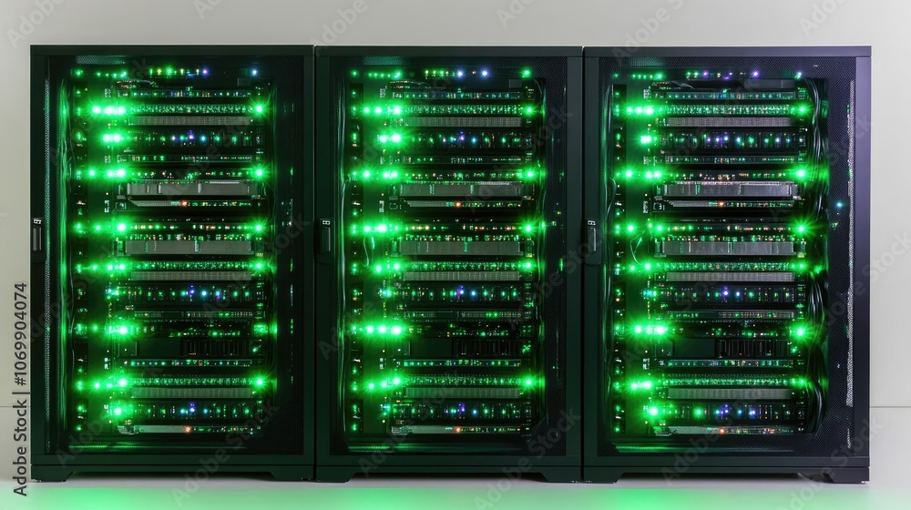 Poster rows of computer servers with green lights in a data center generative ai