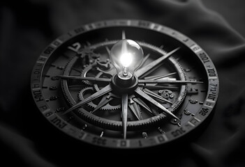 Fototapeta premium vintage compass with intricate gears and glowing light bulb, symbolizing exploration and innovation. dark background enhances its elegance and mystery