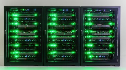 Rows of Computer Servers With Green Lights in a Data Center Generative AI
