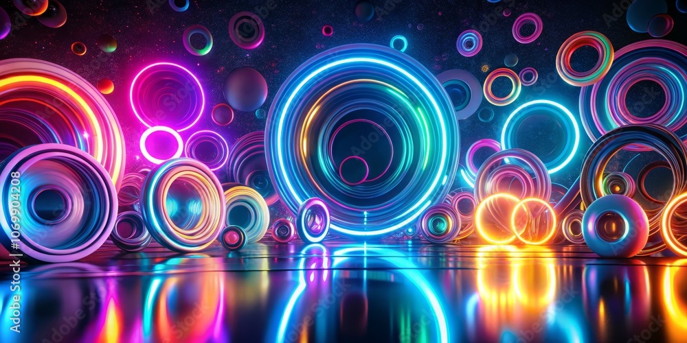 Poster captivating abstract neon circles in low light photography creating a vibrant and futuristic atmosph