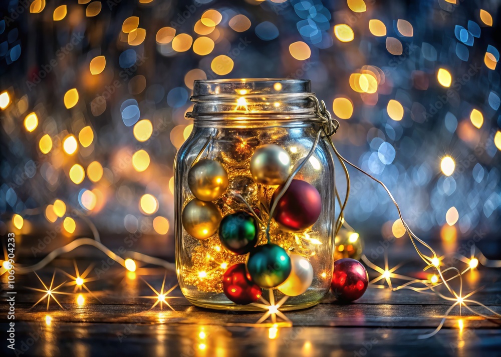 Poster captivating aerial view of christmas decoration with fairy lights and ornaments in a glass jar surro