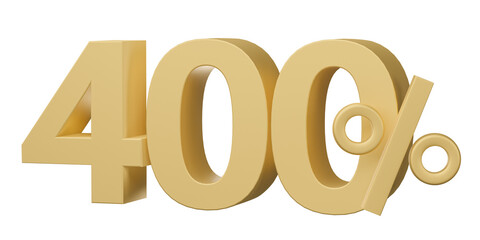 400% off on sale. Gold percent isolated on transparent background. Discount on sale for advertising. 3d rendering.