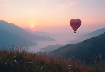 Fototapeta premium heart shaped hot air balloon floats above misty mountains at sunrise, creating romantic and serene atmosphere. soft colors of dawn enhance tranquil scene