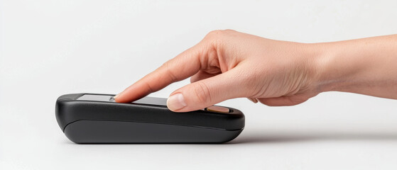 A hand gently presses a button on a sleek, black device, indicating interaction with technology.