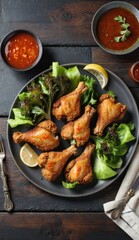 Fototapeta premium fried chicken legs with lettuce, lemon on plate. fried chicken legs served with lettuce, parsley, lemon wedges on dark grey plate on rustic wooden table with cutlery and hot sauce, horizontal view fro
