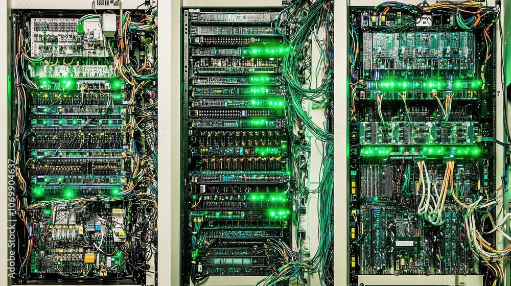 Poster computer server racks with illuminated green lights in a data center generative ai