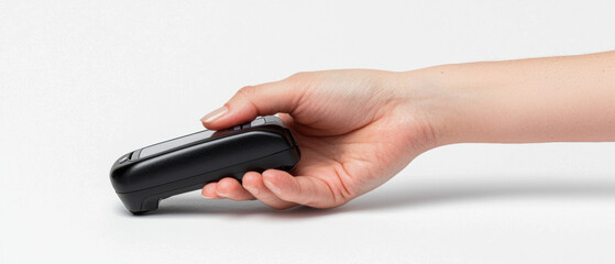 A hand holds a black device, possibly a scanner or printer, on a white background, highlighting modern technology and functionality in everyday tasks.