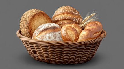 Basket of mixed breads, artisanal and freshly baked, transparent background