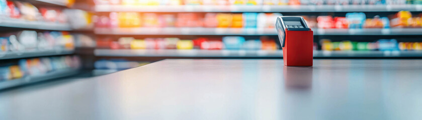 A bright retail space showcases a red checkout device on a counter, with colorful product shelves blurred in the background.