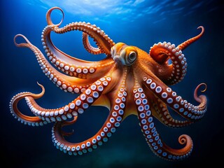 Obraz premium Captivating Orange and White Octopus Floating Gracefully in a Dark Blue Ocean Background, Showcasing Its Eight Tentacles and Unique Sucker Patterns