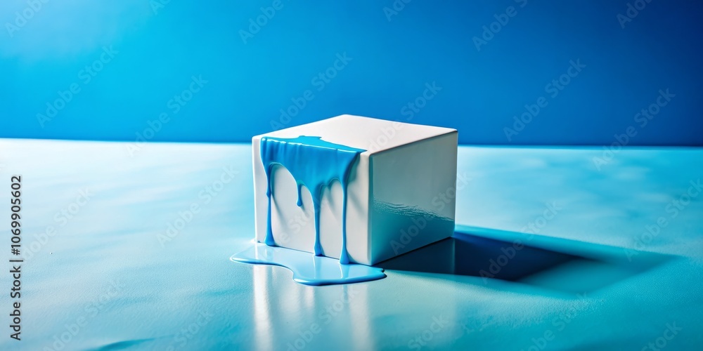 Poster captivating tilt-shift photography of blue paint dripping from a white cube corner, creating a playf