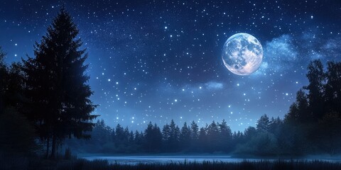 Calm nocturnal scenery captured with a digital camera, featuring a sky filled with stars and illuminated by the moons gentle glow in the night.