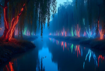 Fototapeta premium serene night scene featuring illuminated willow trees along misty river. colorful lights reflect beautifully on water, creating magical atmosphere